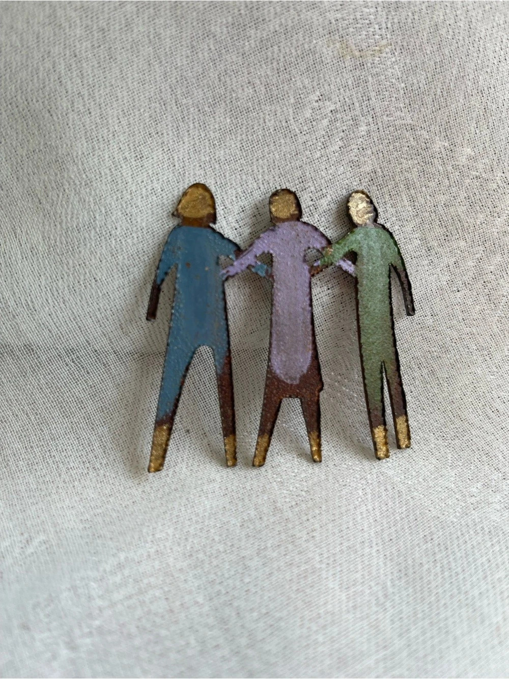 Vintage Metal Three-Figure Statement Brooch Blue, Purple, & Green